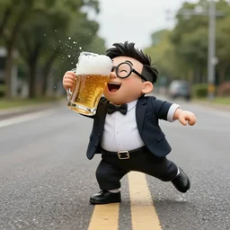 midget drunk on beer, staggering down a road