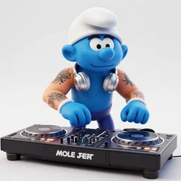 3d rendered muscular smurf  with tattoos DJing with DJ turntables, unreal