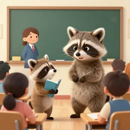 simon the racoon and the new teacher kids book illustration digital art high details