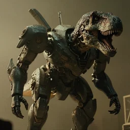movie still of dinosaur mecha, directed by neil blomkamp, soft lighting, cinematic lighting, film grain, very high detail, dramatic composition,