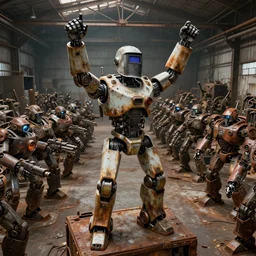 a human - sized realistic robot with a welding helmet for a head, the robot's arms are held high in triumph, standing on a crate in front of hundreds of large robots inside a huge rusty dingy warehouse, army of robots, raygun gothic, atomic punk, digital art, detailed octane render, high angle