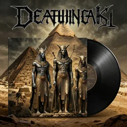the anunnaki gods have returned to the pyramids. a cover of a death metal LP, highly detailed, art, dark and grungy, 4k, 8k, trending on artstation, style of dan mumford and Andrew Ferez
