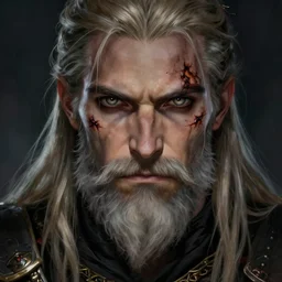 geralt of rivia with long beard and intense eyes, scarred, burn mark, close up, portrait, sinister atmospheric lighting. highly detailed painting by greg rutkowski, anime style