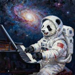 painting of a panda playing piano at the edge of the galaxy wearing an astronaut uniform and laughing