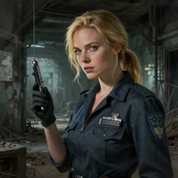 a beautiful blonde haired detective woman exploring an abandoned scp foundation facility, epic composition, intricate details, hyper detailed, 8 k, volumetric light, dark atmosphere, face by charlie bowater and wlop, painterly style