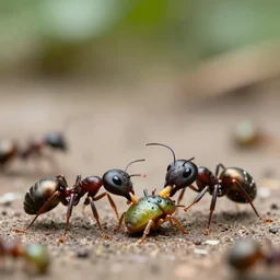 high quality presentation photo of cute anthropomorphic black ants eating alien bugs, photography 4k f1.8 anamorphic bokeh 4k Canon Nikon