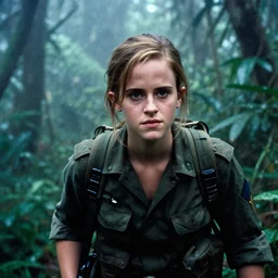 film still, close up, emma watson soldier hiking through dense vietnam jungle, mist, film still from apocalypse now ( 1 9 7 9 ), 2 6 mm, kodak ektachrome, blue tint ektachrome film,