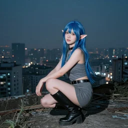 breathtaking photo of an attractive young asian elf woman with pointy ears and blue hair, wearing a miniskirt and knee-high boots, crouching in an endlessly sprawling hazy abandoned city at night, 8K