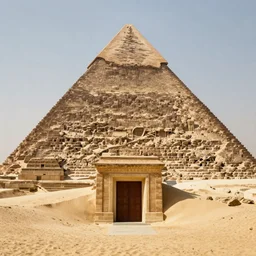 front entrance of a pyramid in the desert partially covered by sand, highly detailed