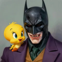 the joker wearing the dark knight mask, snarling tweety, digital painting, amazing detail, art station, cgsociety