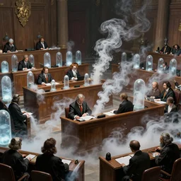 byzantine science fiction courtroom filled with cryogenic capsules spilling white smoke, by greg rutkowski, zdzisław beksinski, anato finnstark, and rembrandt
