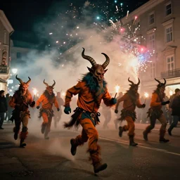 kodak portra 4 0 0, 5 0 0 mm tele lens, f 1. 2, long exposure time, award winning dynamic vivid atmospheric photograph of running hazardous horde krampus, by robert capas, in muted colours, striped orange and teal, motion blur, on a street in salzburg at night with colourful exploding pyro firework and torches, fog