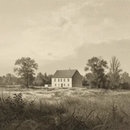 A serene landscape with a singular building in the style of John Atkinson Grimshaw.