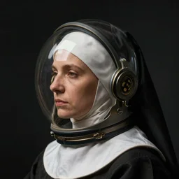 a woman's face in profile, wearing a glass space helmet and a nun's habit, in the style of the dutch masters and gregory crewdson, dark and moody