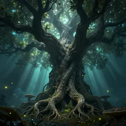 world tree, massive tree, tree, roots, treant, subtle patterns, intricate texture, highly detailed, alien world, fungal, underwater, light shafts, light diffusion, natural, fireflies, magical, magical tree