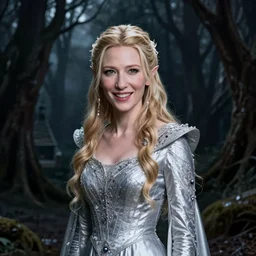 portrait of mischievous, dangerous Cate Blanchett's young Galadriel as a queen of elves, dressed in a elegant silvery dress. The background is a dark, chilling eastern europen forrest.  night, horroristic shadows, high contrasts, lumnious, theatrical, character concept art by ruan jia, thomas kinkade, and J.Dickenson, trending on Artstation