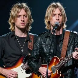 4K HD, high detail photograph, shot with Sigma f/ 4.2 , 250 mm sharp lens, overlap perspective, becoming the subject extreme wide shot ,shallow depth of field : (subject= Kurt Cobain + subject detail= guitar ,cool pose, accurate body features, high level body suit, high detailed light refraction , high level texture render)