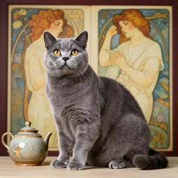 exotic shorthair cat, solid grey, photograph by beautiful potter and alphonse mucha