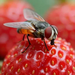 a extreme macro shot of a fruit fly chomping on a big juicy strawberry