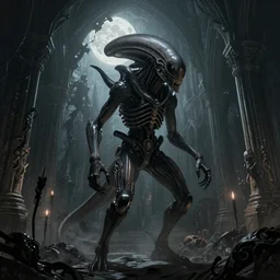 dark souls style xenomorph standing inside of an ancient ghostly cathedral moonlight coming through a hole and landing on the creature, digital painting, gothic, alien, amazing value control, frank frazetta, dramatic lighting, muted colors, sharp focus, 8 k, dark colors, h. r. giger, alien franchise