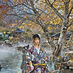 portrait of princess at a japanese mountain onsen at golden hour, autumn colour oak trees, mist on the water, Concept art by Jorge jacinto, masterpiece, highly detailed and ultra realistic, trending on artstation