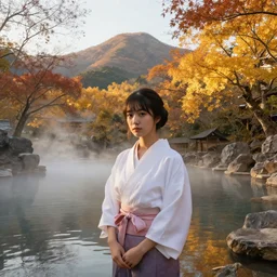 portrait of princess at a japanese mountain onsen at golden hour, autumn colour oak trees, mist on the water, Concept art by Jorge jacinto, masterpiece, highly detailed and ultra realistic, trending on artstation