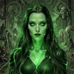 Portrait Masterpiece, Wanda Maximoff, green, glowing, wires everywhere, by Edgar Maxence and Ross Tran, Zdzisław Beksiński, and Michael Whelan, distant, gustav dore, H.R. Giger, 8k, octane render
