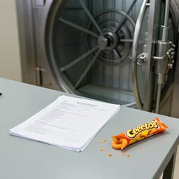 photo looking into a bank vault, one table with documents and cheetos
