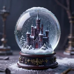 a snow globe on a table with a goth castle inside, cgsociety, snow, dreamy, volumetric light, 3 d render, artstation, hyperdetailed, dramatic, epic painting, 8 k, sharpness