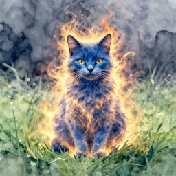 blue cat on a green field, cloaked in ethereal fire and smoke, watercolor portrait by rembrandt and kim jung gi, anato finnstark, artstation, deviantart