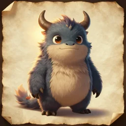 cute small monster character asset for a video game, illustrated on a parchment background