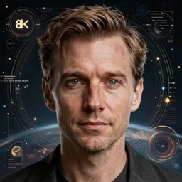 retrofuturistic portrait of a grown man, space graphics art in background, close up, wlop, dan mumford, artgerm, liam brazier, peter mohrbacher, 8 k, raw, featured in artstation, octane render, cinematic, elegant, intricate, 8 k