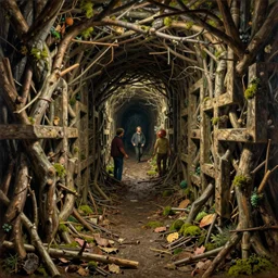 jim henson's labyrinth. nest. broken branches, twigs, moss, and leaves litter the passage. as you pick your way through them, they become denser and denser until they form a solid, interwoven wall sealing off this side of the passage. by edgar maxence and caravaggio and michael whelan and delacroix style, artistic, intricate painting, cinematic lighting, hyper realistic, extremely detailed, 8 k resolution, establishing shot, dramatic lighting