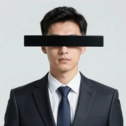 photograph of a modern business man in a suit, censor bar floating over his eyes, face closeup, strong shadows, monochrome, centered charachter, realistic poster with shaded lighting, unreal engine, detailed face