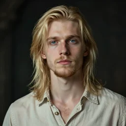 portrait of a skinny european male, longer blond hair, light blond stubble beard, wearing a light shirt, blue eyes, rugged, teenage, fantasy, wizard, trending artstation, relaxed expression, dark lighting, high detail, disco elysium art