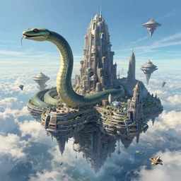 floating city held up by a massive serpent, by moebius, sci - fi art, 1 6 mm, incomprehensibly massive, teeming with life