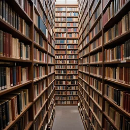 endless rows of library books on shelves in a dream setting in the style of zdzislaw beksinski