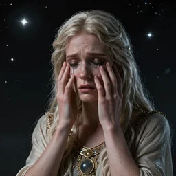 Universe's celestial GOD as never seen before, is crying in tears and is very sad and sorrow , after creating humans, ,octane render, retro,
