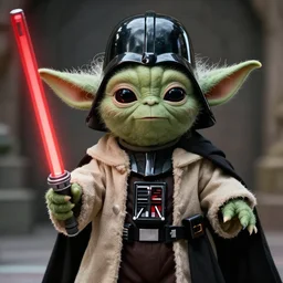 A realistic photo of Yoda dressed as Darth Vader