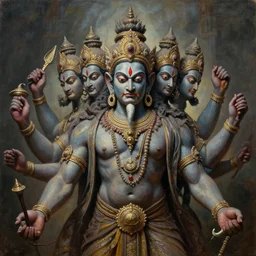 a beautiful cinematic masterpiece headshot portrait of majestic colossal gothic hindu asura demon god ravan with ten heads and eitght hands, from ramayan, symmetric centered portrait, by by zdzisław beksinski, by wayne barlowe, by bruce pennington, by greg rutkowski, oil on canvas, trending on artstation, brilliant diffused studio lighting, sharp, hyper - detailed, cinematic composition, no frames, hd, 8 k