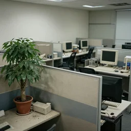 photography of a cheap boring office interior, dusty cubicles, a potted plant, desks and old computers in the background