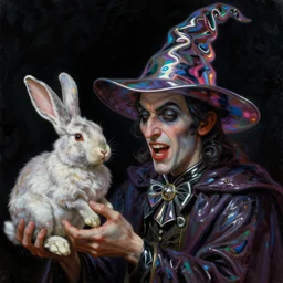 a close - up portrait painting of a mischievous iridescent chrome wizard magician holding up a rabbit. gloomy dark atmosphere, black background. highly detailed science - fiction painting by norman rockwell, moebius, frank frazetta, and syd mead. rich colors, high contrast. artstation