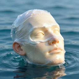 a funny sculpture of a squashed human head wrapped in cling film with ice cream spread on it, on ocean water, in the style of mike campau, cg render, ray tracing, 8 k resolution, sharp