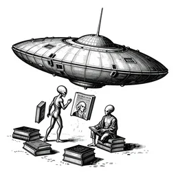 alien mothership beaming up books on white background, art by james o barr and albrecht durer, woodblock print, engraved, black and white, vector, vector art