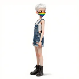a grungy woman with short white hair, shaved sides short top, soft eyes and narrow chin, dainty figure, torn overalls, short shorts, combat boots, rainbow mask, basic white background, side boob, symmetrical, single person, style of by jordan grimmer and greg rutkowski, crisp lines and color,