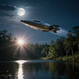 [alien invasion] beautiful landscape photography of a UfO spaceship starfighter flying at incredible momentum through the sky at night. lake reflections in the foreground. sun rays shining through the trees. lens flare. moonlit, dramatic lighting by Marc Adamus