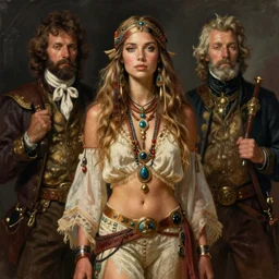 portrait of hippie model girl jodhpurs hyperborea traveler treasure hunter greg manchess painting by sargent and leyendecker, fantasy, medium shot, asymmetrical, intricate, elegant, matte painting, illustration, hearthstone, by rhads, by greg rutkowski, by greg tocchini, by james gilleard, by joe fenton