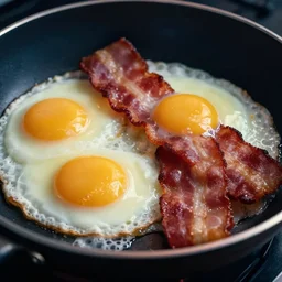 high tech, low life, cyberpunk bacon and eggs in pan, closeup, close angle, dramatic lighting