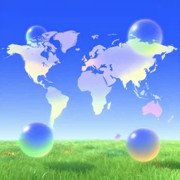 a world with orbs flying over a meadow with blue sky. slick, futuristic design. colorful soft gradients, translucence. pre - 2 0 0 0 s era. 1 9 9 0's computer art