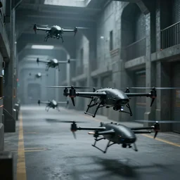 Black military quadcopters swarm the wide hallways in a futuristic prison underground, brutalist liminal architecture, sigma 85mm f/1.4, 4k, unreal engine, concept art, trending on artstation, depth of field, high resolution, 4k, 8k, hd, full color
